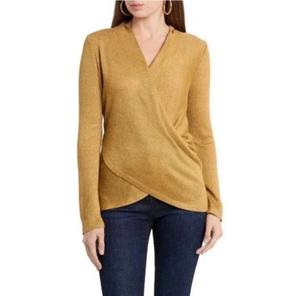 1. State Size M Womens Cross Front Knit Top Sparkle Shimmery Metallic Gold